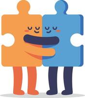 Hugging puzzle pieces symbolizing connection and friendship in orange and blue illustration vector