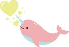 Pink narwhal blowing yellow heart bubbles cute sea animal illustration vector