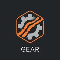 Gear logo design with orange and gray hexagon shape for industrial and mechanical branding vector