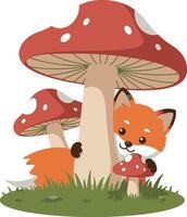 Fox hiding behind red mushrooms in grass illustration with cute animal scene vector