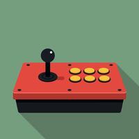 Retro arcade joystick controller with yellow buttons and red casing on green background illustration vector