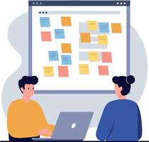 Two People Collaborating on Project with Sticky Notes on Screen Digital Workspace Illustration vector