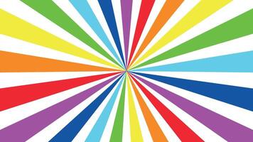 Rainbow rays. Colorful radial burst background. Vibrant rainbow rays spreading from center in pop art style. Abstract sunbeam explosion pattern for party, poster, comic, or retro design. vector