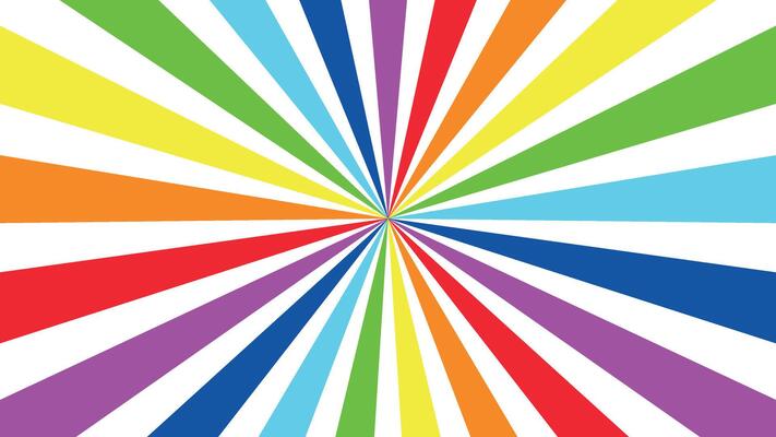 Rainbow rays. Colorful radial burst background. Vibrant rainbow rays spreading from center in pop art style. Abstract sunbeam explosion pattern for party, poster, comic, or retro design.
