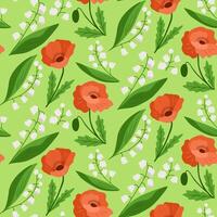 Seamless floral pattern with red poppies and lily of the valley on green background. Botanical design symbolizing spring freshness, beauty, and harmony vector