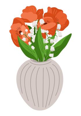 Vase with red poppies and lily of the valley flowers in flat style. Floral arrangement symbolizing spring, freshness, and home decor