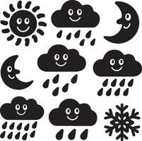 Weather Icon Set Featuring Smiling Sun Moon Clouds And Snowflake Characters vector