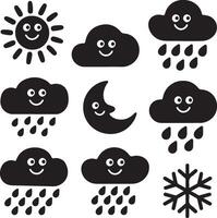 Weather Icons Set With Smiling Sun Moon Clouds Rain And Snowflake Black vector