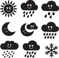 Weather Icon Set Featuring Smiling Sun Moon Clouds And Snowflakes In Black vector