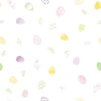Easter spring seamless gentle pattern with flowers, bunnies, and easter eggs over white background. Easter holiday decor for website, package, greeting card design vector