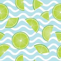Citrus lime fruit seamless pattern over wave sea texture. Fresh healthy food realistic style drawn background vector