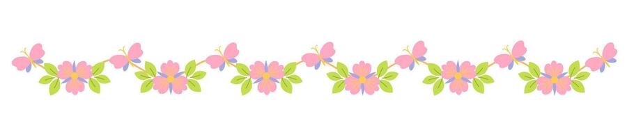 Pink flowers and leaves, curly line doodle style hand drawn divider, simple illustration, decorative romantic horizontal border, design element for book, card, invitation, text highlighter vector