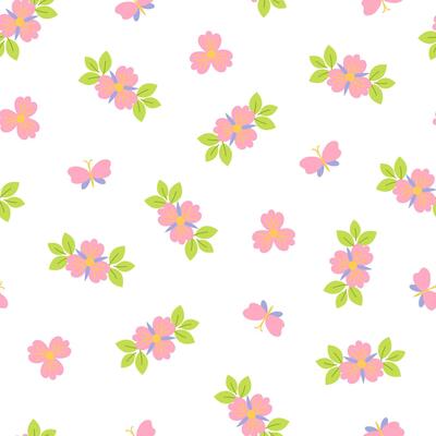 Pink flowers, butterflies in random order seamless pattern, simple repeat floral ornament, hand drawn illustration for textile, fabric, gift paper, fashion print, Easter, spring holidays decor