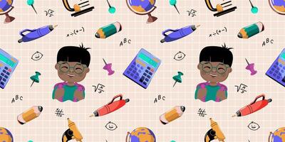Seamless background on a school theme. Pattern with schoolboy and school accessories. vector