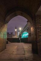 Big Ben and the Houses of Parliament illuminated at night, framed by a brick archway. Westminster Bridge glows to the right, with a person by the railing. photo