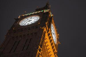 Big Ben, also known as Elizabeth Tower, is seen at night in London, England. The clock faces glow warmly, contrasting with the dark sky above. photo