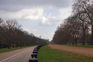 A paved road and dirt path run parallel in a London park, separated by grass and lined with bare trees. The London Eye is visible under a partly cloudy sky. photo