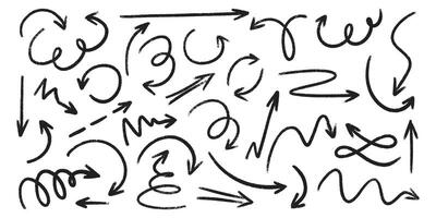Crayon arrow sketches collection - hand drawn doodle style pointers, curved lines, round swirls. vector
