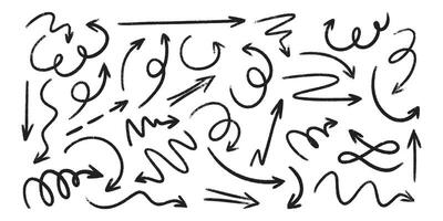 Chalk pencil arrow sketches set - hand drawn doodles, pointers, swirls and curved lines. vector
