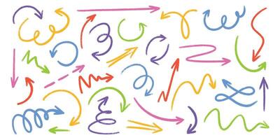 Pastel color crayon arrow doodles set - hand drawn swirls, curved lines, chaotic pointers. vector