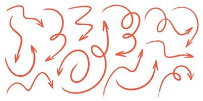 Red marker arrows pack - hand sketched doodle swirls, curved lines, pointers. vector