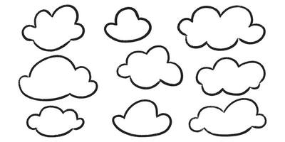 Kid crayon clouds set - various cute simple shapes outlines drawn by hand. vector