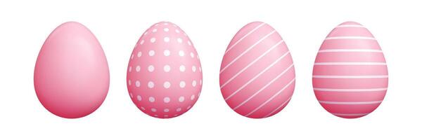 Easter egg 3d cartoon set - pink oval shapes solid colors, decorated diagonal striped lines, polka dots patterns. vector