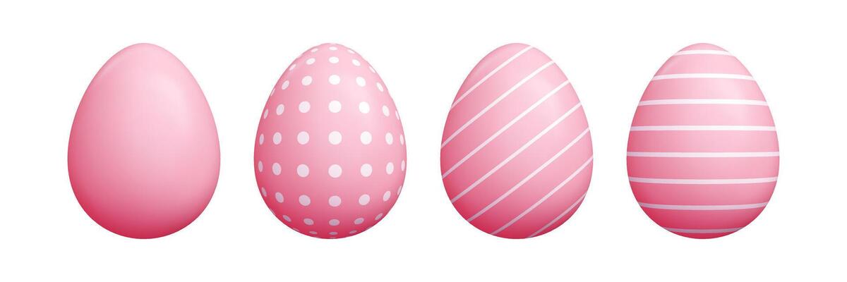 Easter egg 3d cartoon set - pink oval shapes solid colors, decorated diagonal striped lines, polka dots patterns.