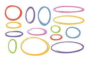 Oval highlight pastel color crayon shapes set - hand drawn sketchy rough ellipse circles design elements. vector
