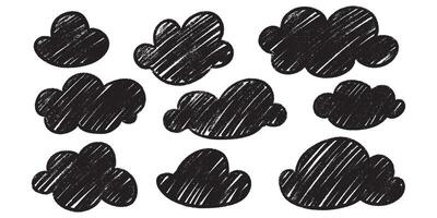 Chalk pencil marker clouds set - black hand drawn doodle sketches isolated on white background. vector