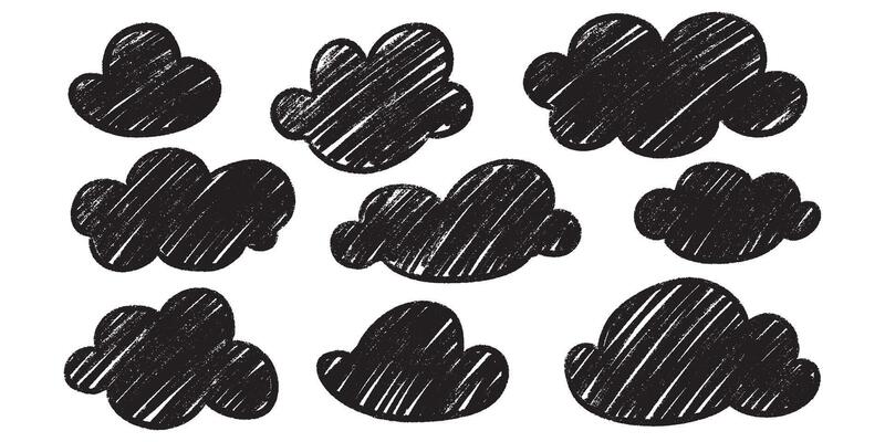 Chalk pencil marker clouds set - black hand drawn doodle sketches isolated on white background.