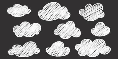 Chalk clouds kid drawing set white artistic handwritten style outlines drawn crayon on blackboard. vector