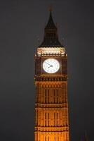 Nighttime view of Elizabeth Tower, also known as Big Ben, in London. The clock face glows brightly, highlighting the tower's intricate architecture. photo