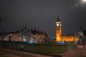 Big Ben and the Houses of Parliament glow against the night sky, with a fenced green space in the foreground and a crane in the distant background. photo