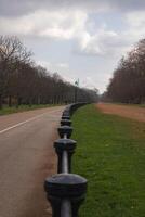 A serene park pathway in London with bare trees, black railings, and parallel paved and dirt paths. The London Eye is faintly visible in the distance. photo