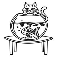 Curious cat watching fish in bowl on table playful pet and aquarium scene, simple line drawing vector