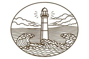 Lighthouse guiding light in ocean waves nautical illustration with lighthouse, sea, and clouds vector