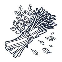illustration of freshly picked leeks tied with twine, surrounded by falling leaves vector