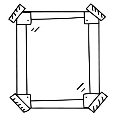 Outlined wooden picture frame with glass pane minimalistic hand drawn design with corner brackets