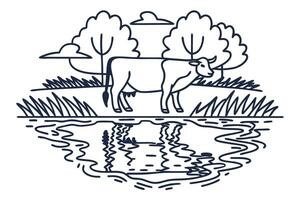 black and white line art of cow grazing by pond with trees and clouds in nature vector
