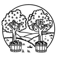 Orchard scene with two fruit trees in barrels on scenic countryside landscape vector