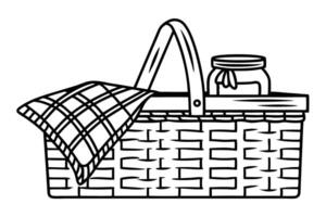 Picnic basket with cloth and jam jar in simple black outline illustration vector