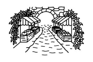 Rustic open air market scene with stone archway and produce stalls vector