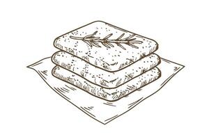 Stack of rosemary crackers on napkin hand drawn illustration of savory snacks vector
