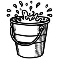 line art splash in metal bucket water droplets exploding from container, black and white illustration vector