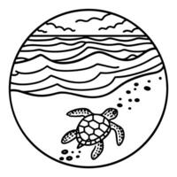 Sea turtle on beach illustration with ocean waves and cloudy sky in circular design vector