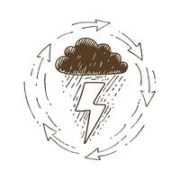 Cloud and lightning doodle with recycle arrows symbolizing natural weather cycle vector