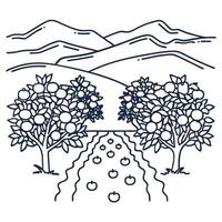Apple orchard outline with mountains and rows of trees in a minimalist vector