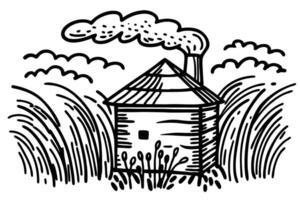 rustic cottage illustration with smoking chimney and tall grasses in black and white vector