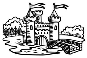 medeival castle with flags and bridge in black and white illustration vector